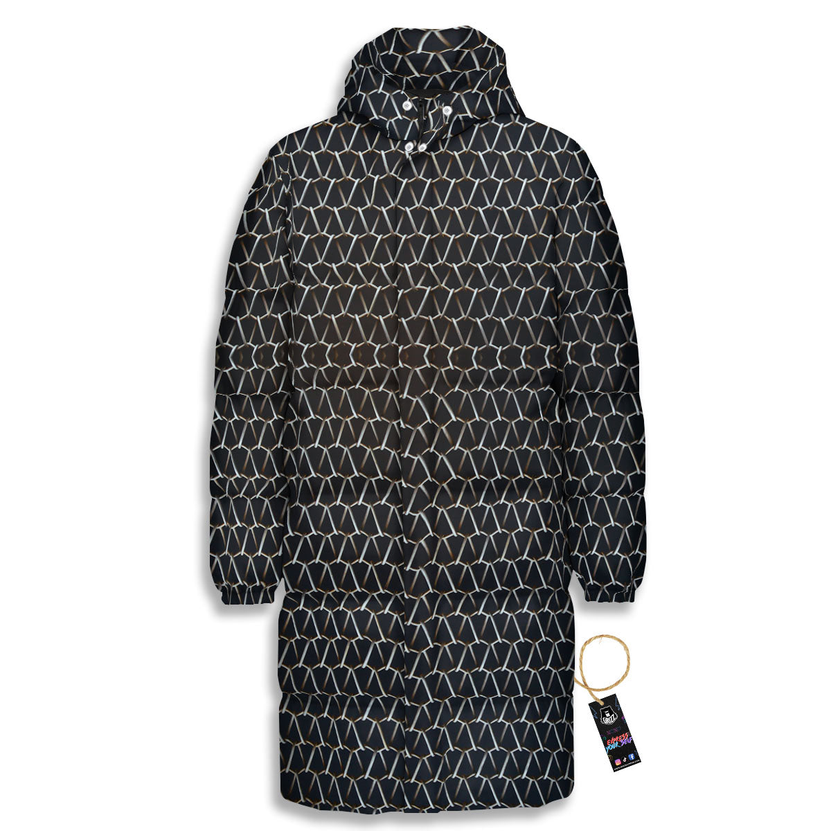 Chainmail Metal Print Pattern Long Down Jacket-grizzshop
