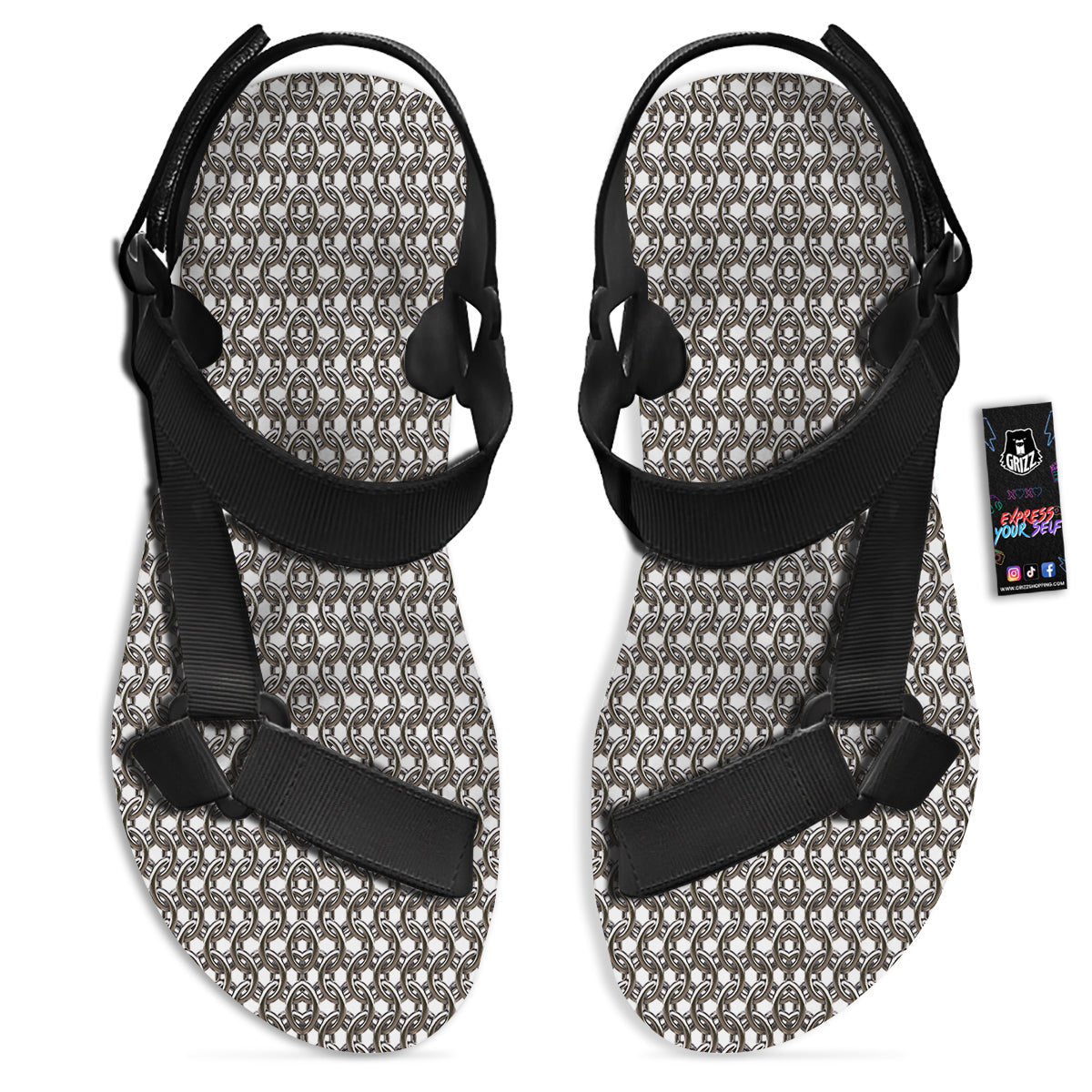 Chainmail Texture Print Black Open Toe Sandals-grizzshop