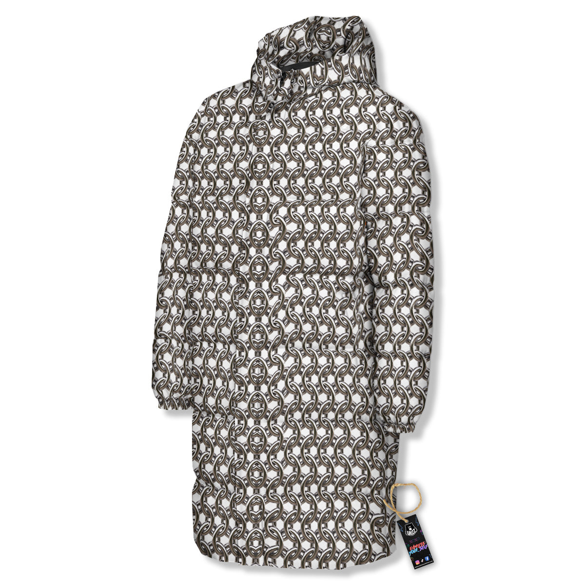Chainmail Texture Print Long Down Jacket-grizzshop