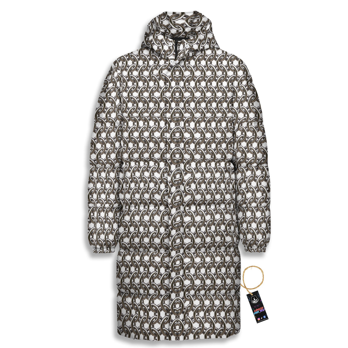 Chainmail Texture Print Long Down Jacket-grizzshop