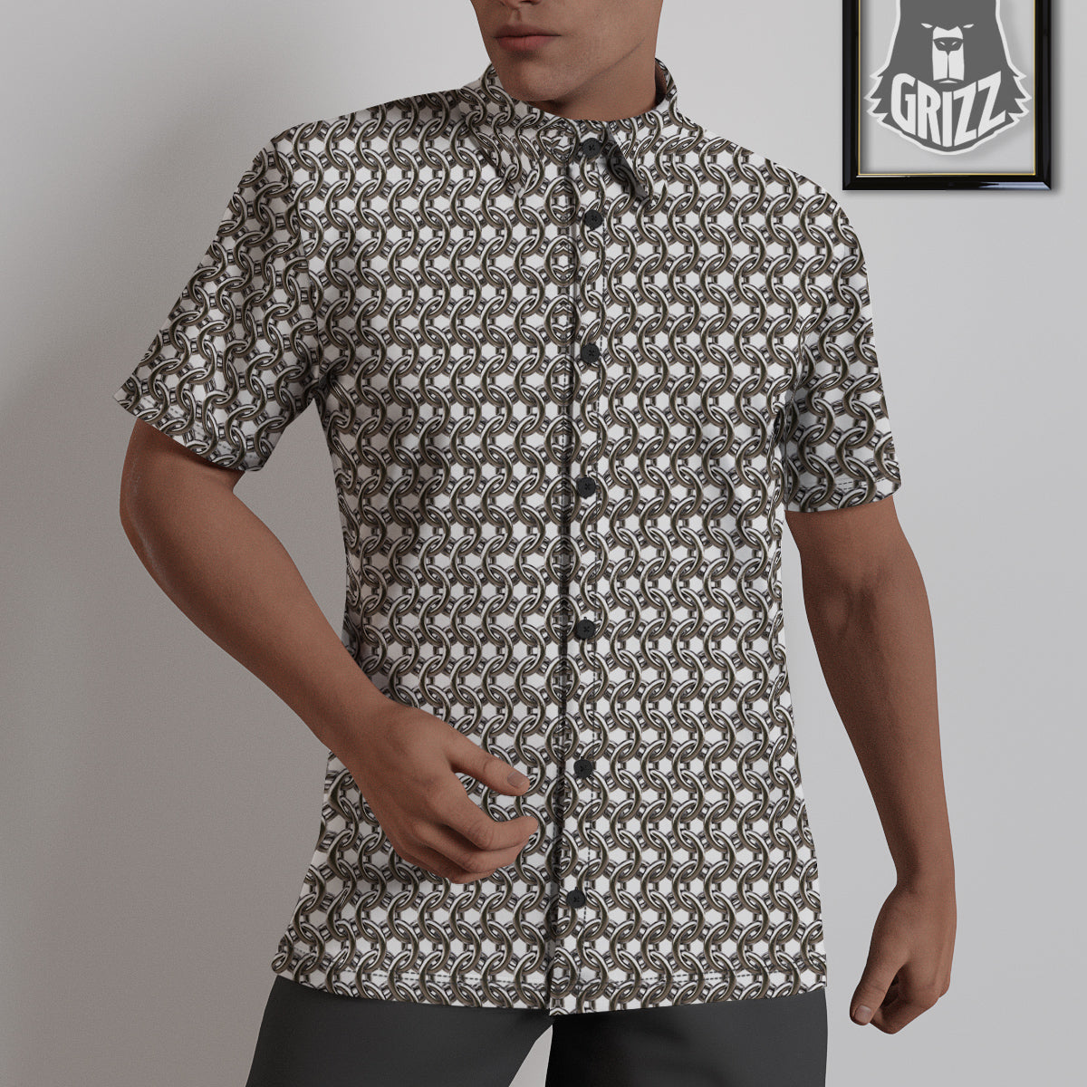 Chainmail Texture Print Untucked Shirts-grizzshop