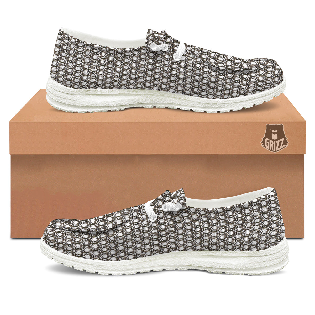 Chainmail Texture Print White Loafers-grizzshop