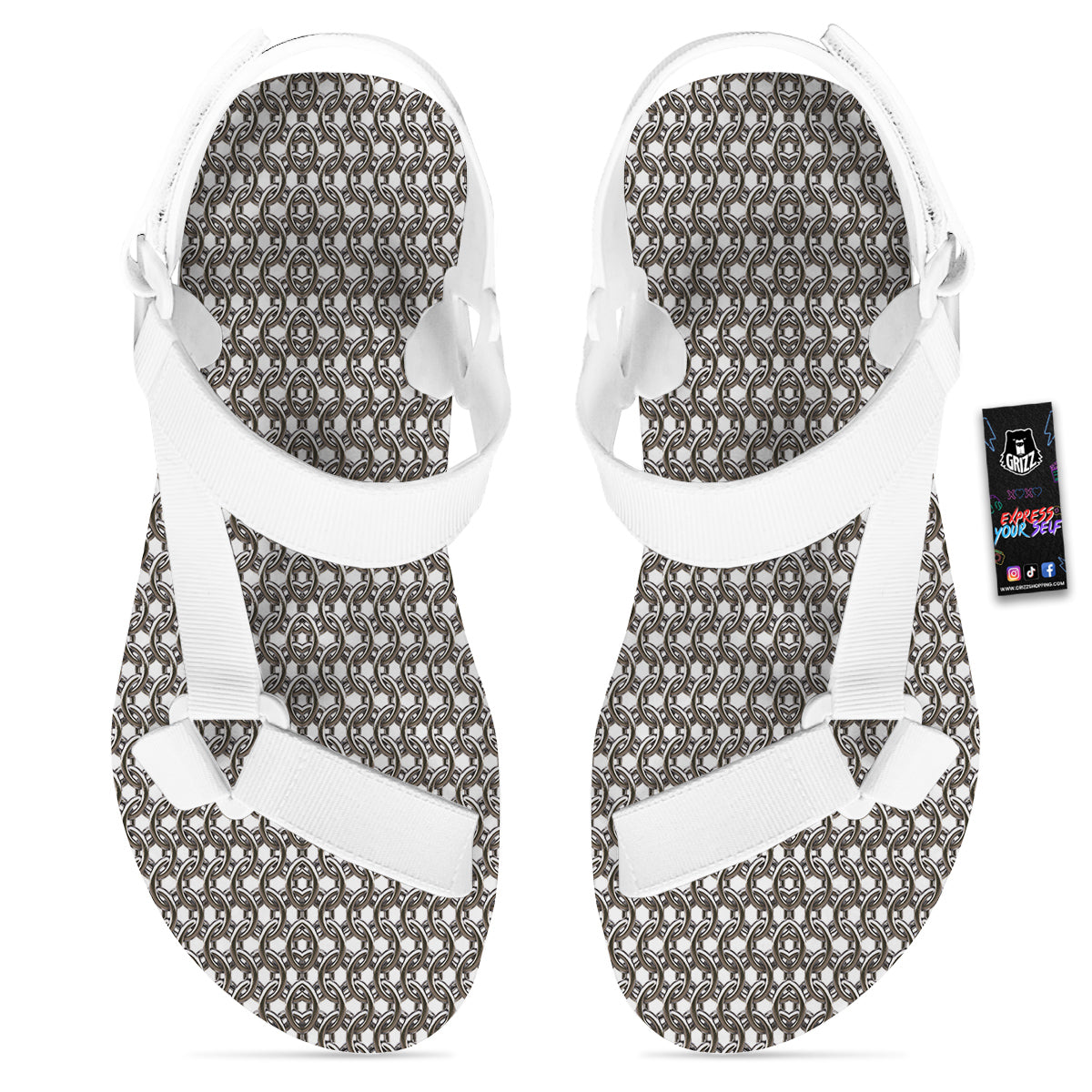 Chainmail Texture Print White Open Toe Sandals-grizzshop