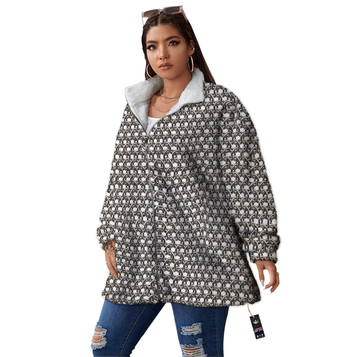 Chainmail Texture Print Women's Sherpa Jacket-grizzshop