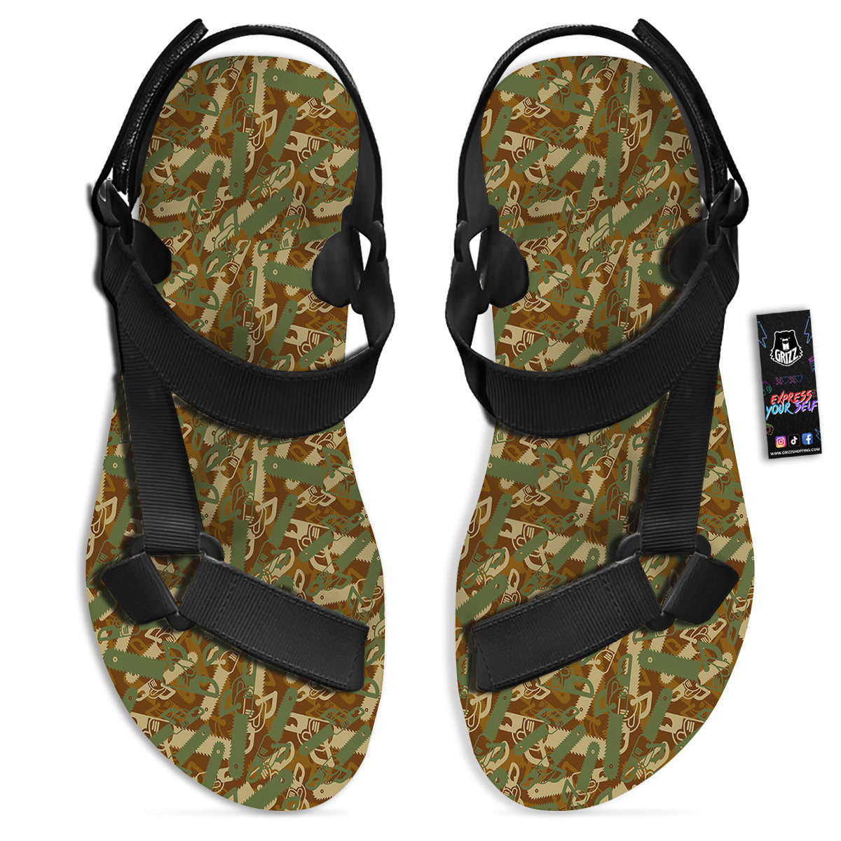 Chainsaw Camo Print Pattern Black Open Toe Sandals-grizzshop