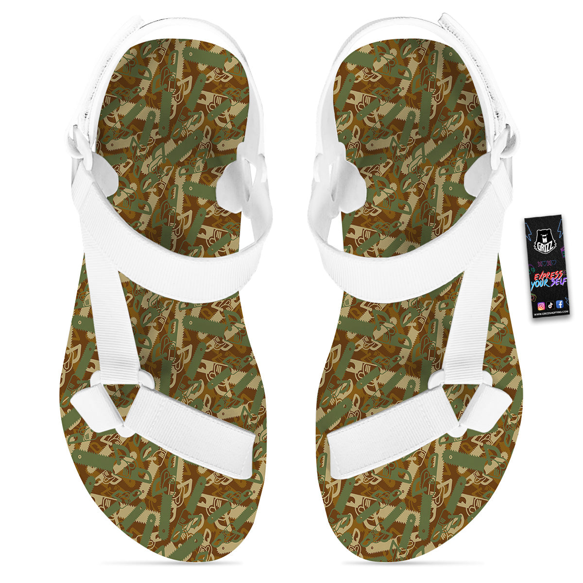 Chainsaw Camo Print Pattern White Open Toe Sandals-grizzshop