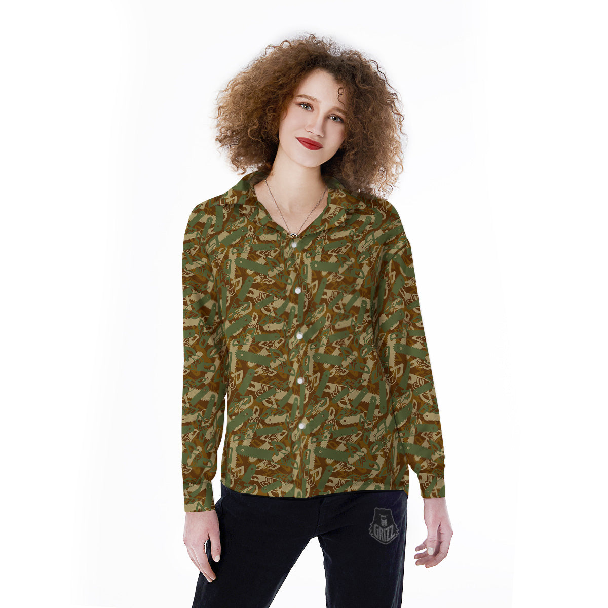 Chainsaw Camo Print Pattern Women's Long Sleeve Shirts-grizzshop