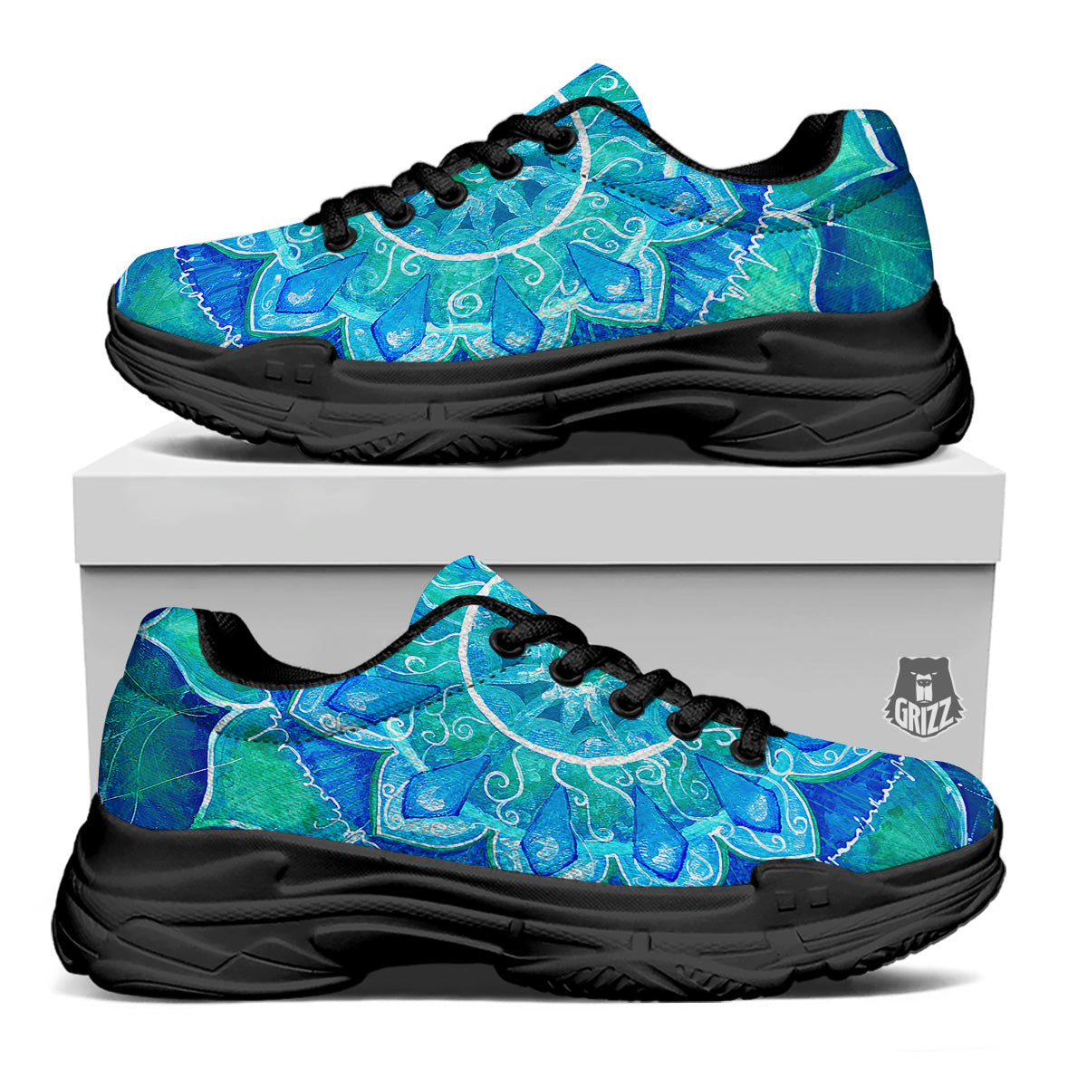 Chakra Mandala Blue Vishuddha Print Black Chunky Shoes-grizzshop