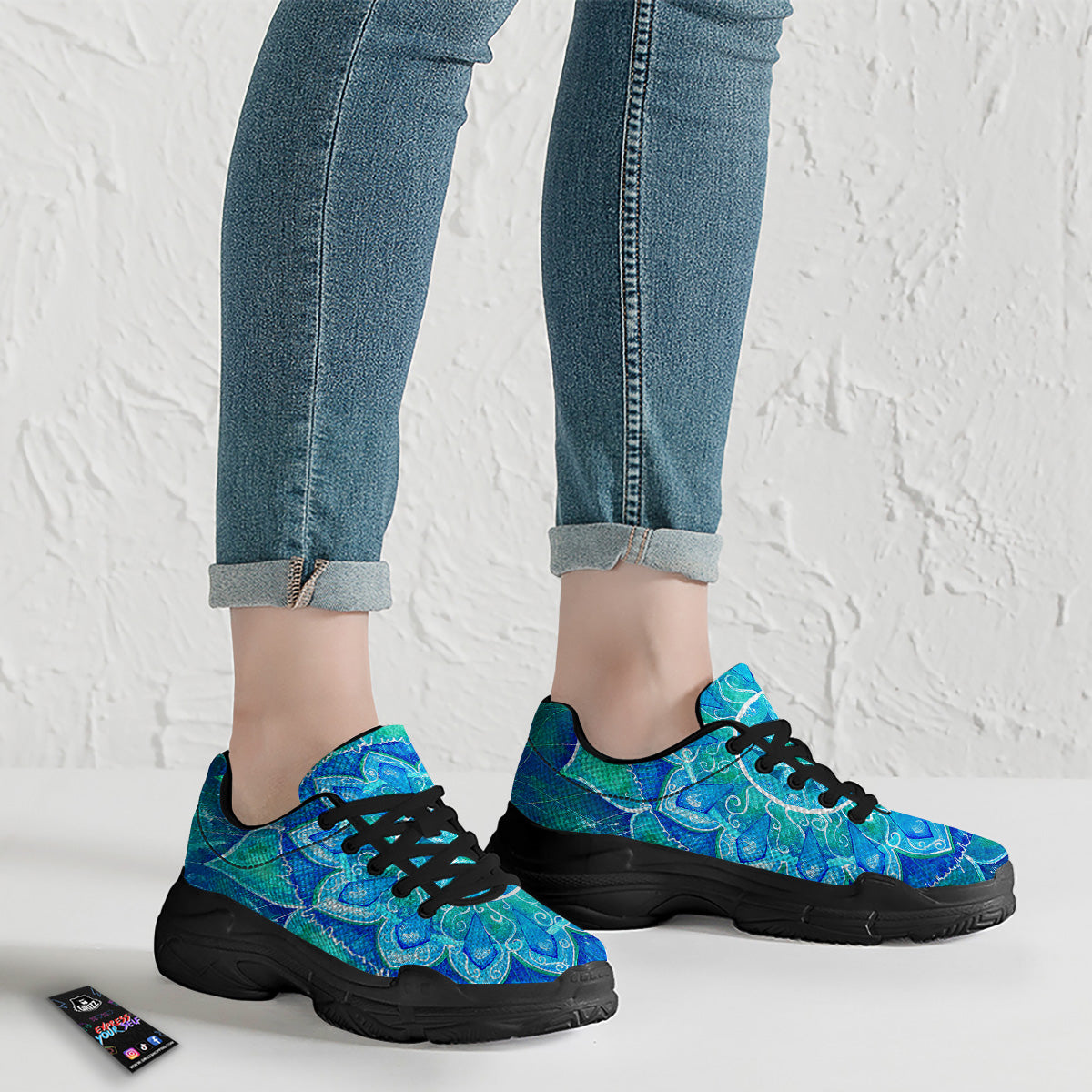 Chakra Mandala Blue Vishuddha Print Black Chunky Shoes-grizzshop