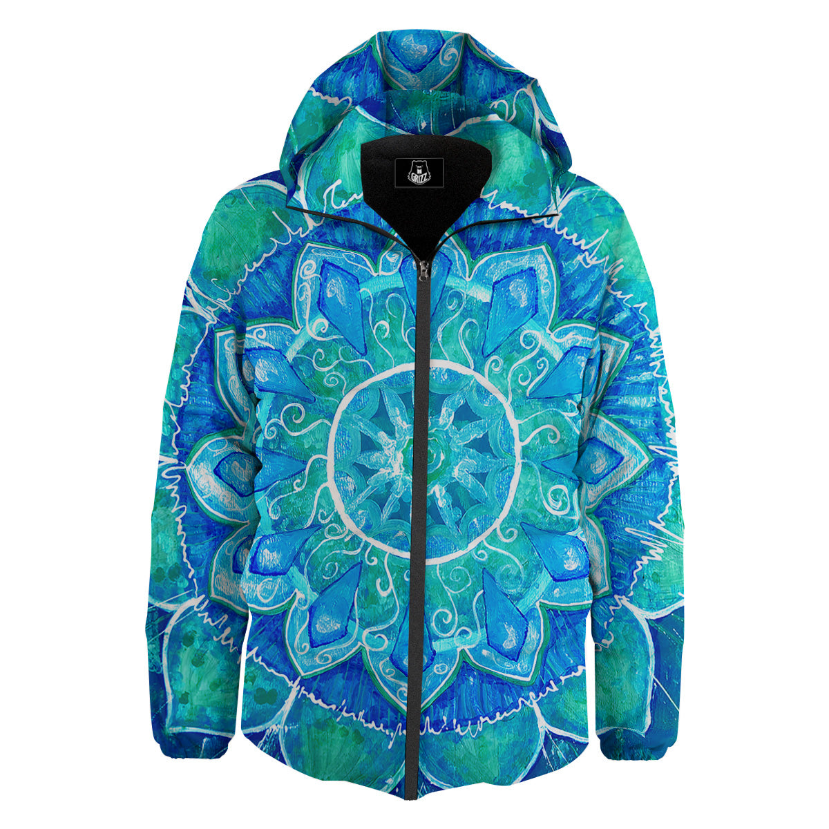 Chakra Mandala Blue Vishuddha Print Down Jacket-grizzshop