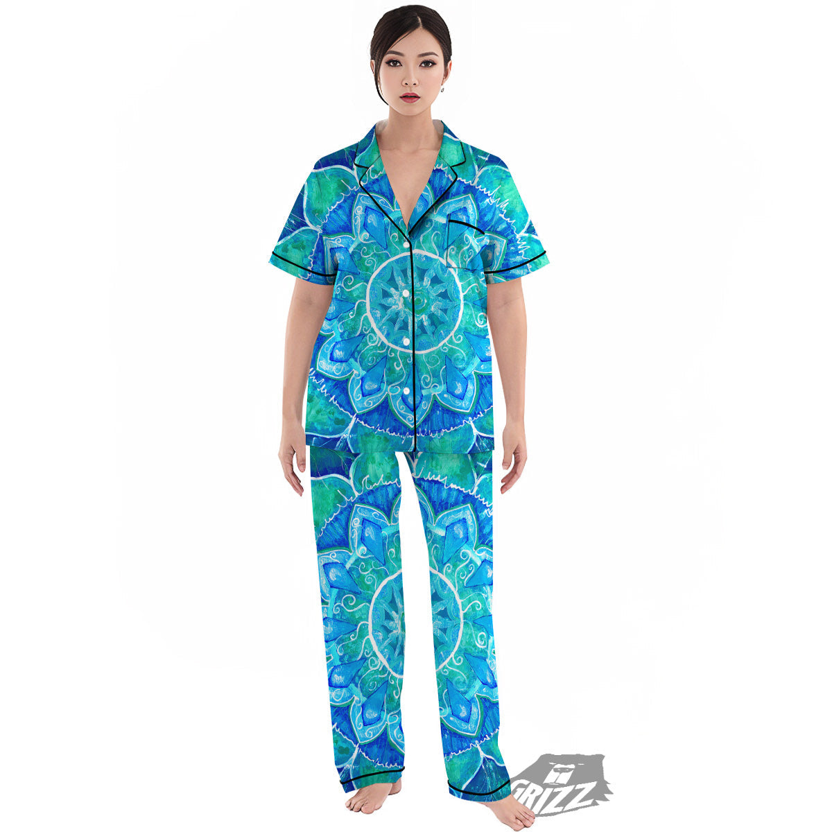 Chakra Mandala Blue Vishuddha Print Women's Pajamas Set-grizzshop