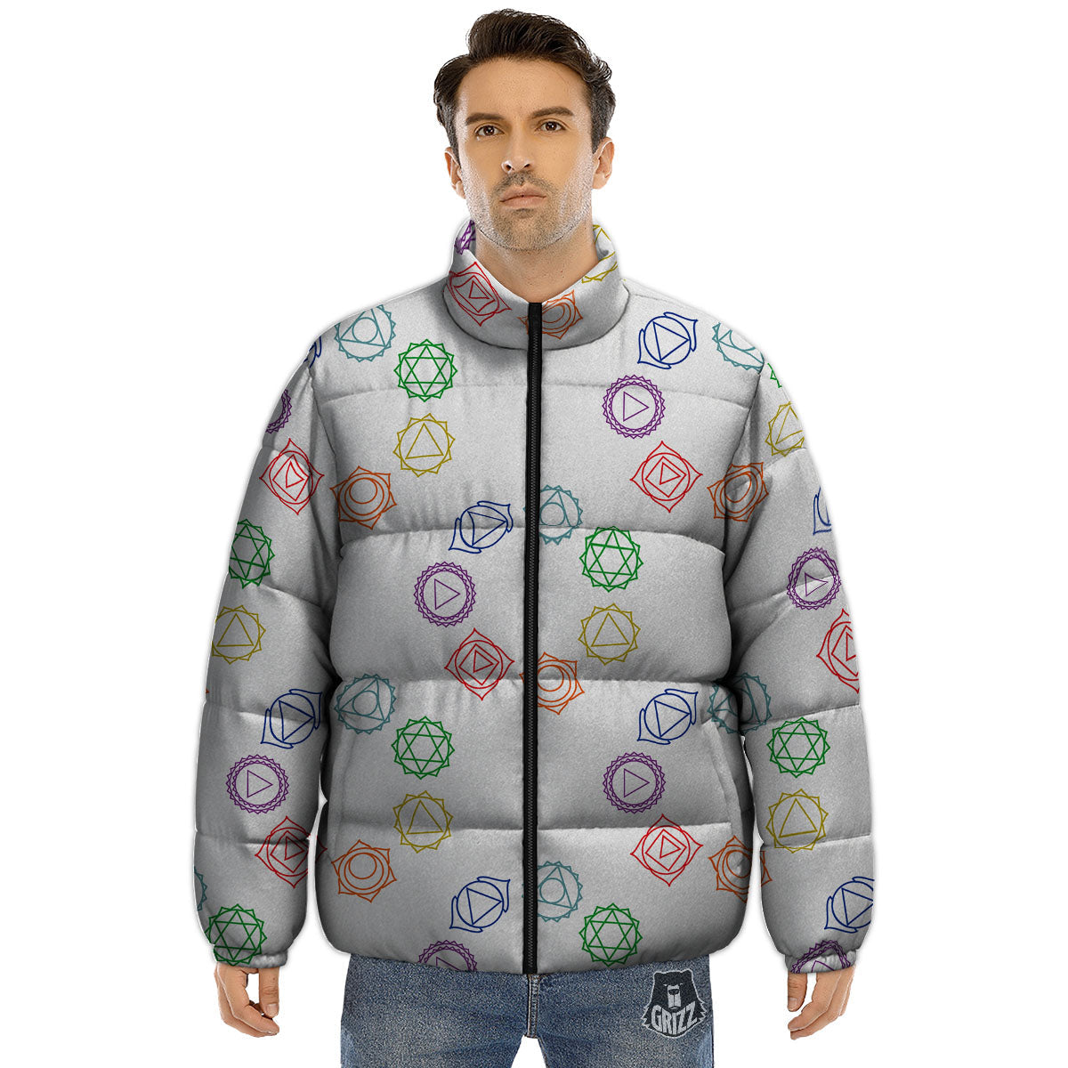 Chakra Manipura Print Pattern Puffer Jacket-grizzshop
