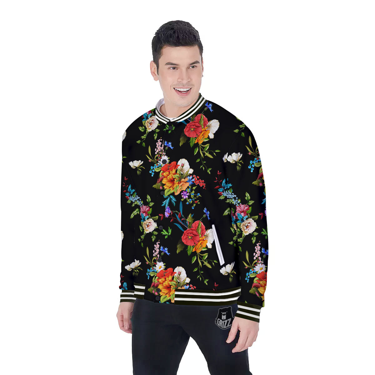 Chamomile And Poppy Print Pattern Baseball Jacket-grizzshop