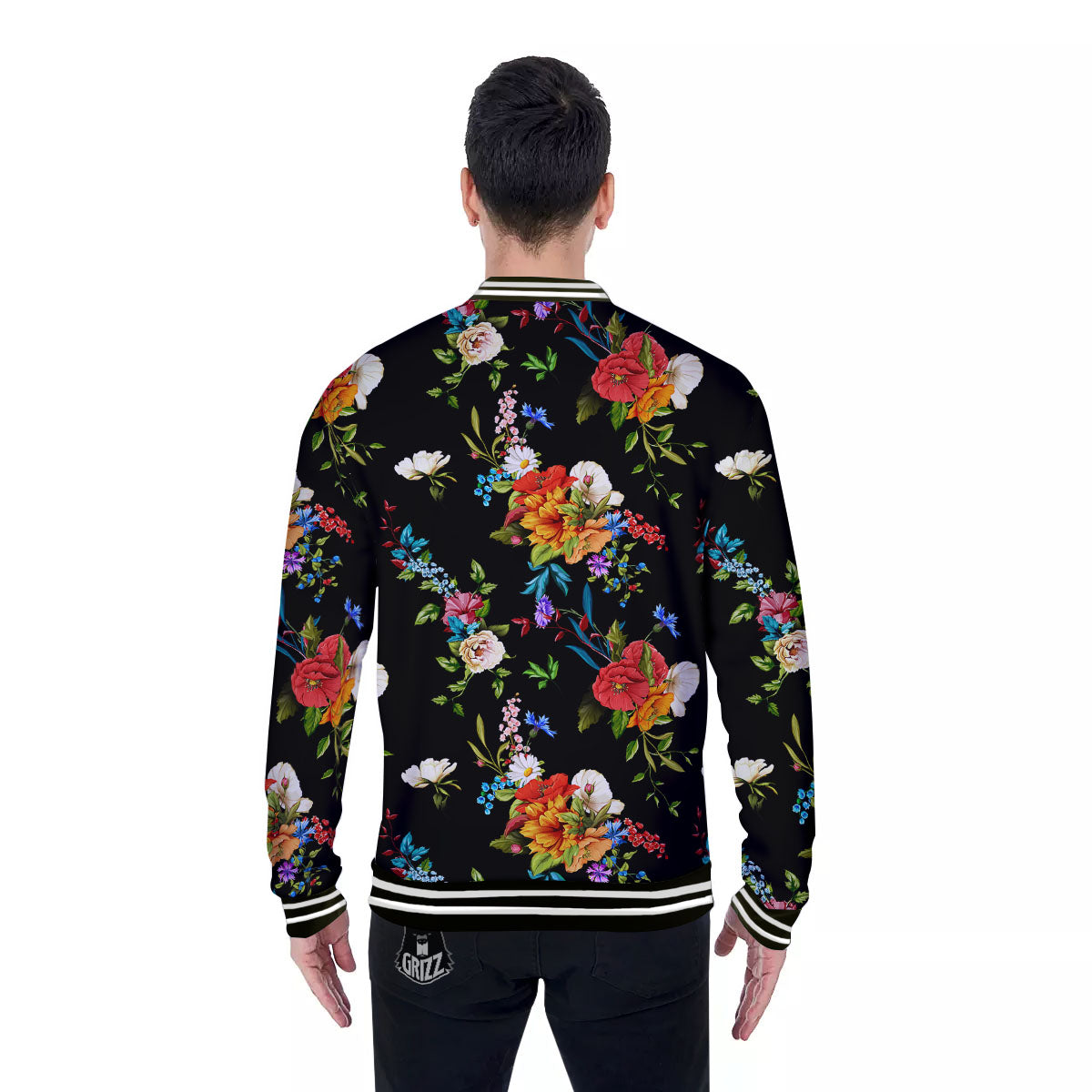 Chamomile And Poppy Print Pattern Baseball Jacket-grizzshop