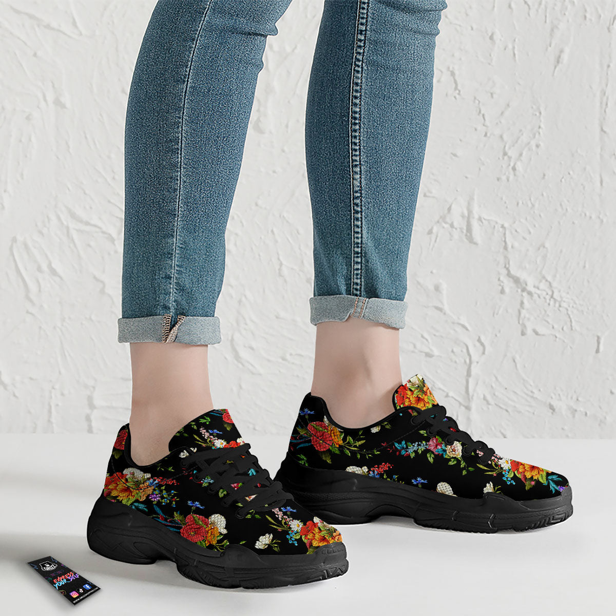 Chamomile And Poppy Print Pattern Black Chunky Shoes-grizzshop