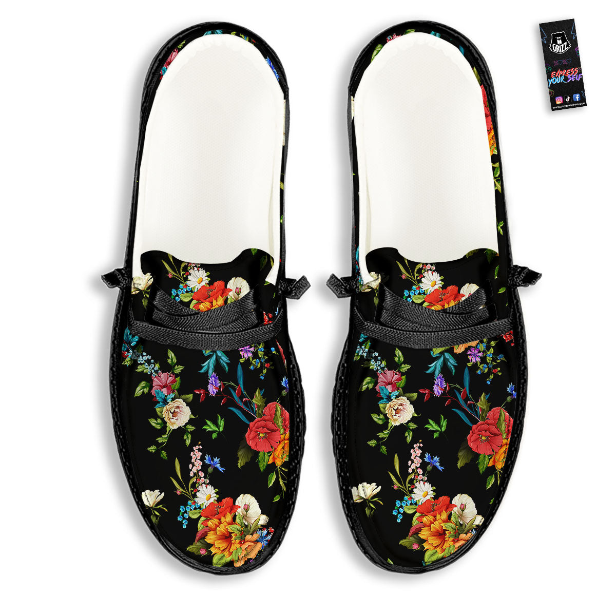 Chamomile And Poppy Print Pattern Black Loafers-grizzshop