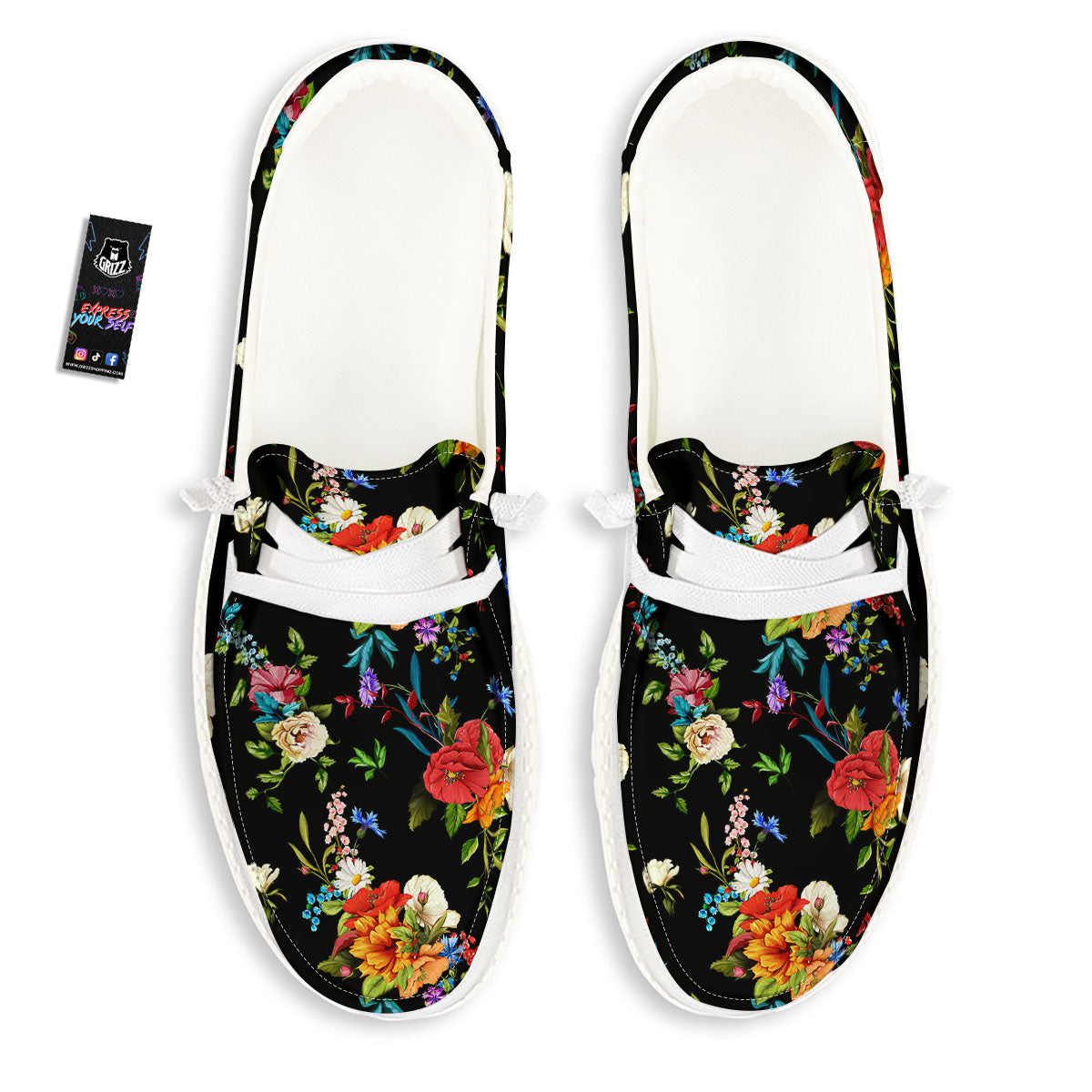 Chamomile And Poppy Print Pattern Black Loafers-grizzshop
