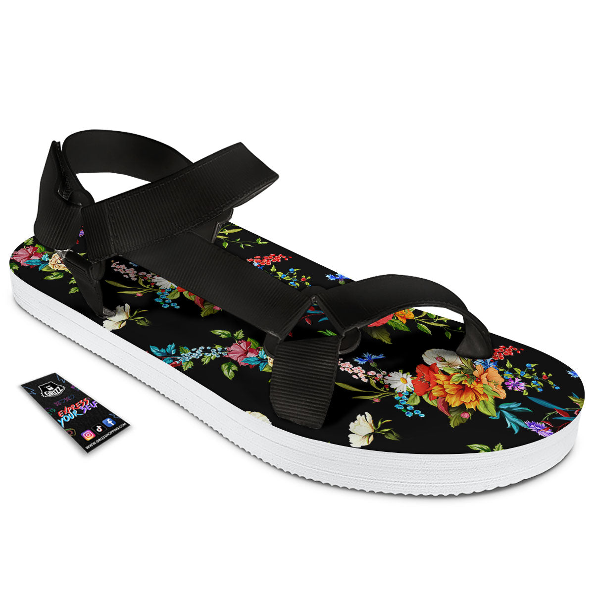 Chamomile And Poppy Print Pattern Black Open Toe Sandals-grizzshop