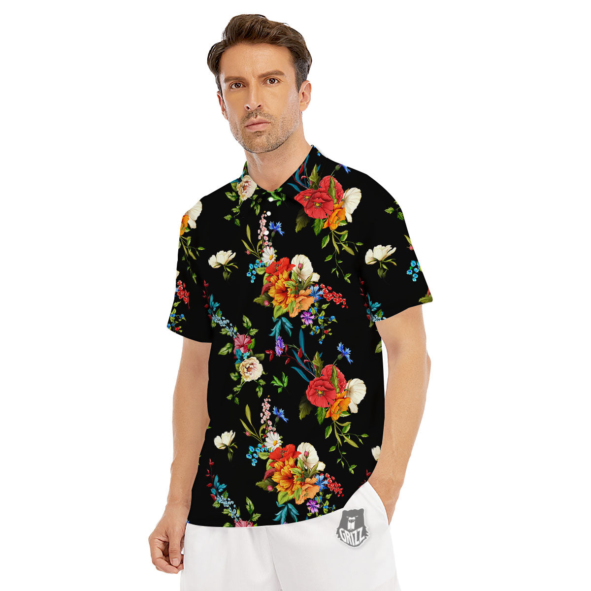 Chamomile And Poppy Print Pattern Men's Golf Shirts-grizzshop