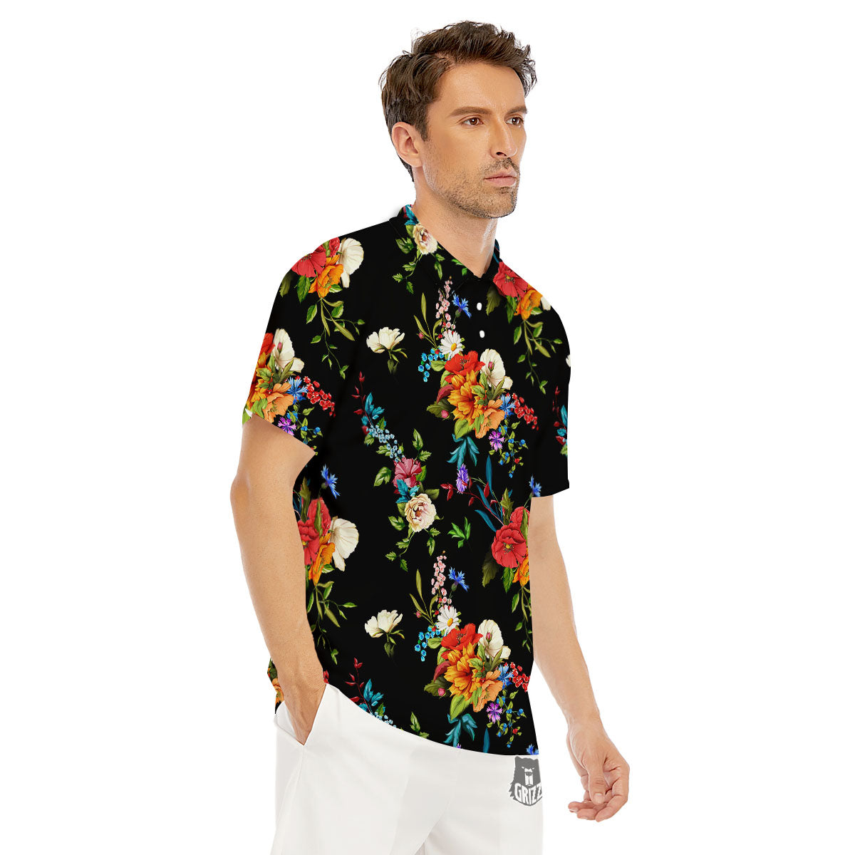 Chamomile And Poppy Print Pattern Men's Golf Shirts-grizzshop