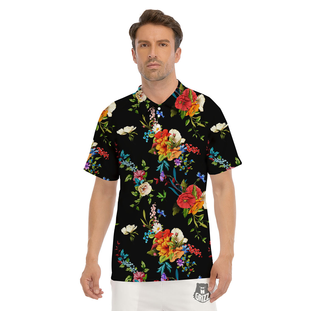 Chamomile And Poppy Print Pattern Men's Golf Shirts-grizzshop