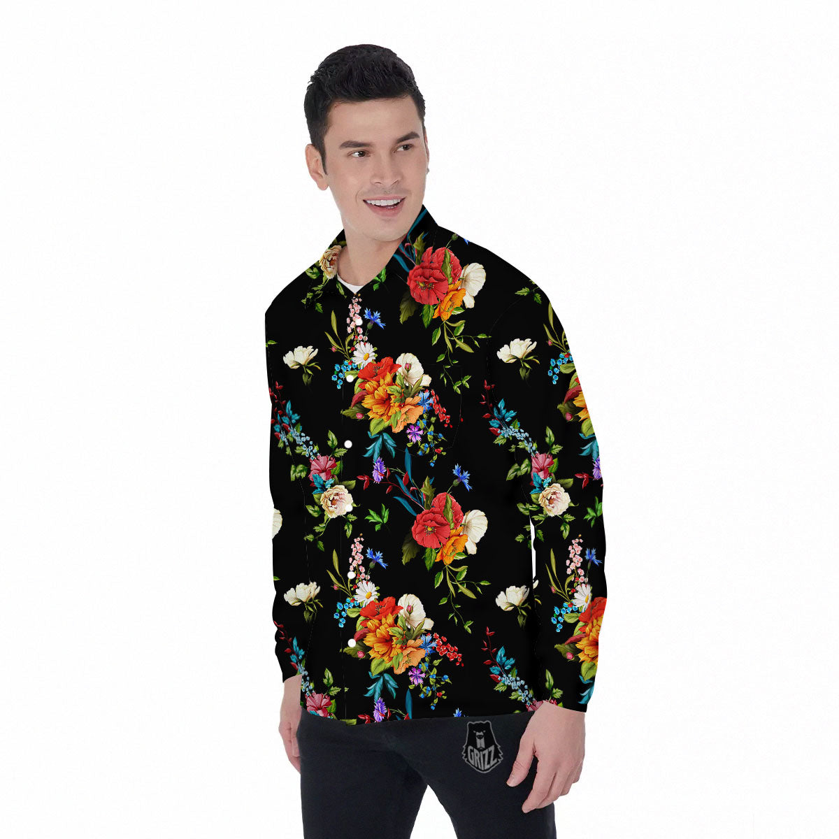Chamomile And Poppy Print Pattern Men's Long Sleeve Shirts-grizzshop