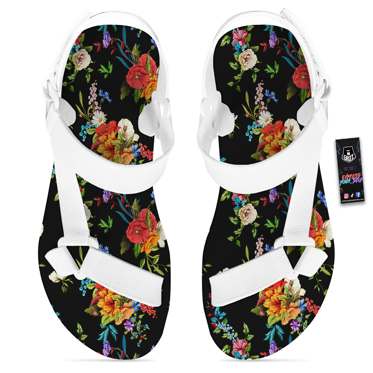 Chamomile And Poppy Print Pattern White Open Toe Sandals-grizzshop