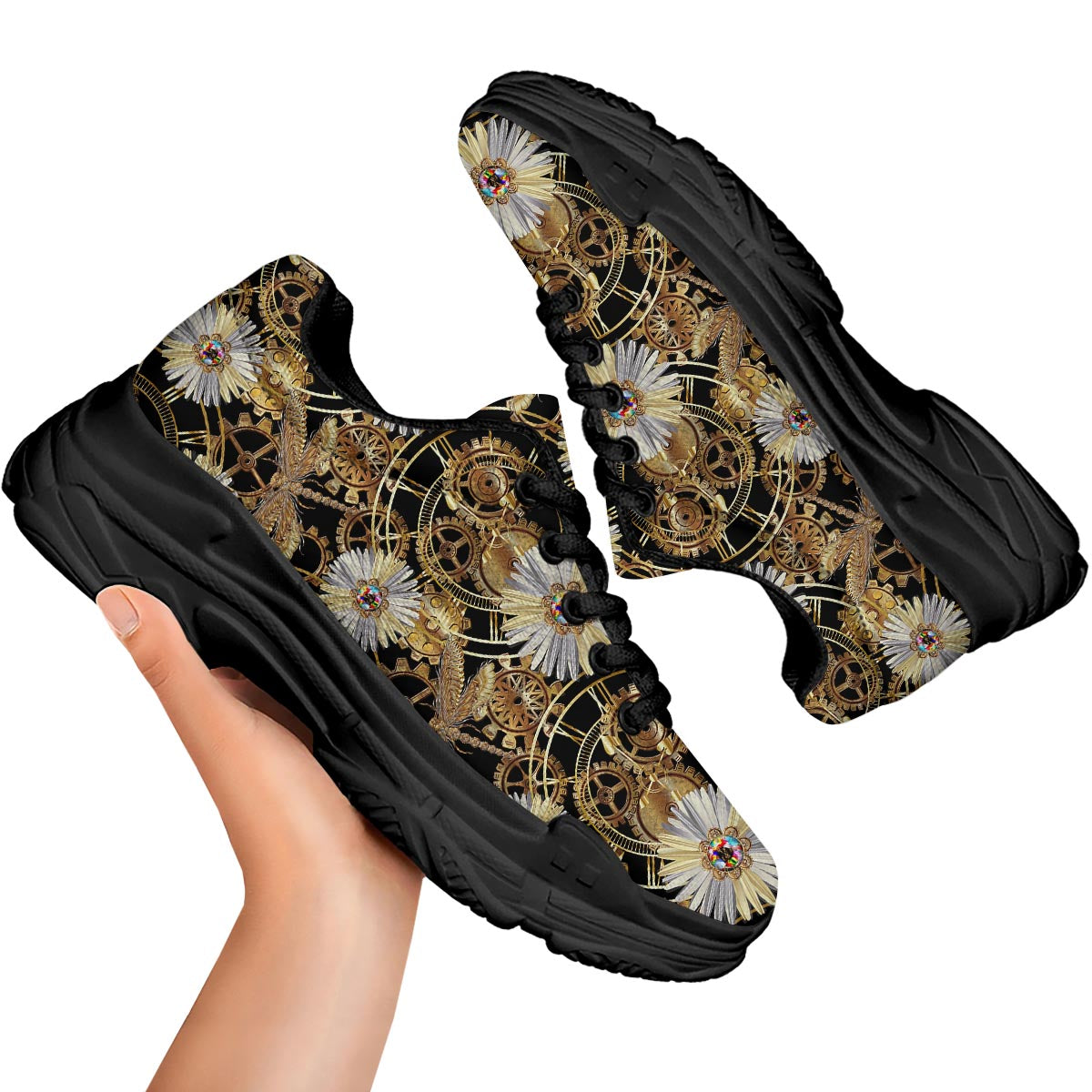 Chamomile Steampunk Print Pattern Black Chunky Shoes-grizzshop