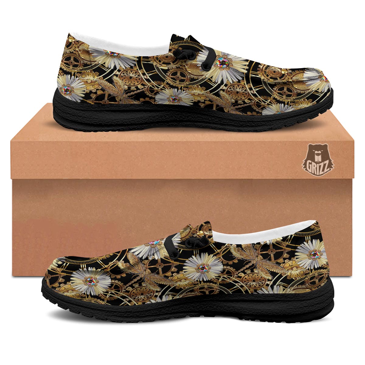 Chamomile Steampunk Print Pattern Black Loafers-grizzshop