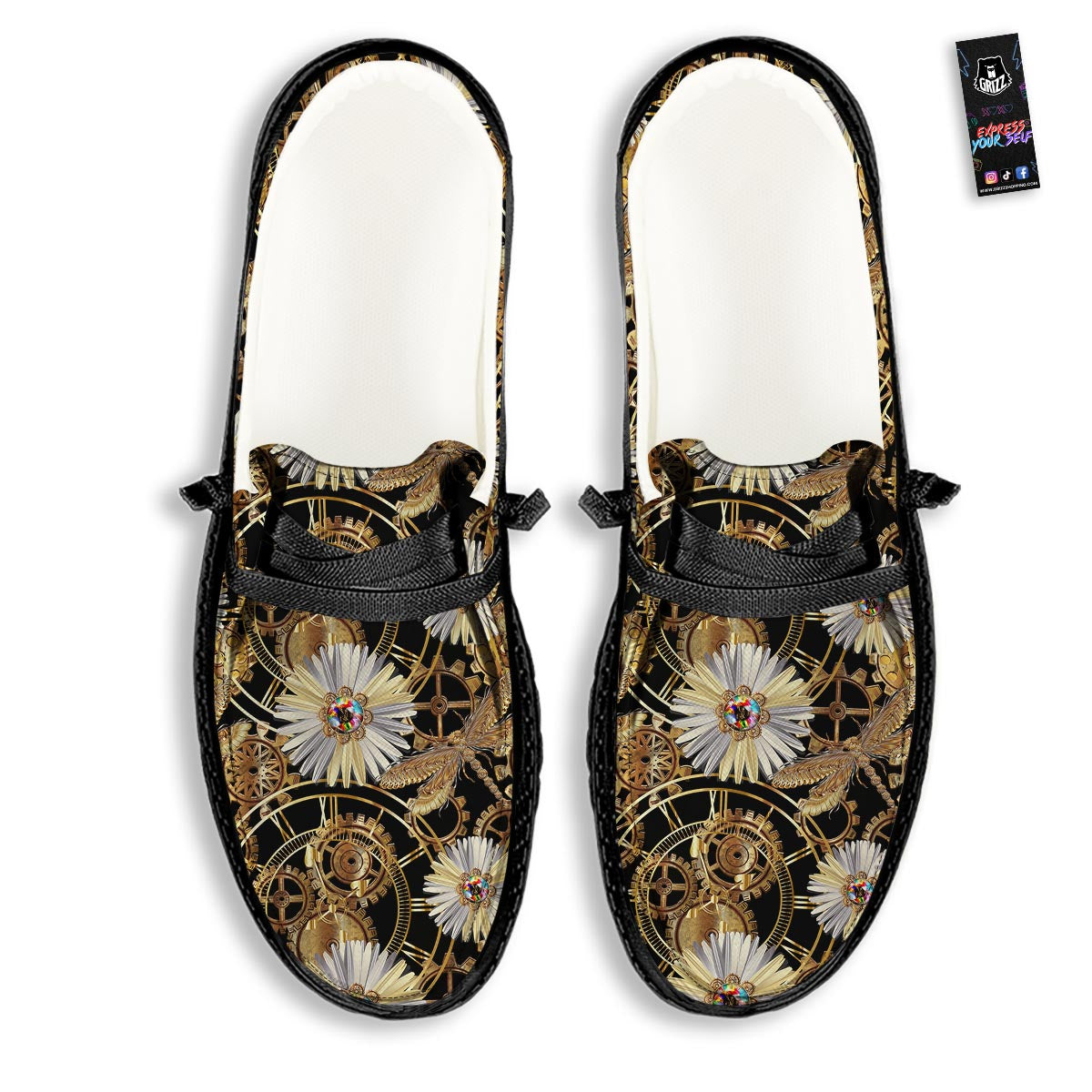 Chamomile Steampunk Print Pattern Black Loafers-grizzshop