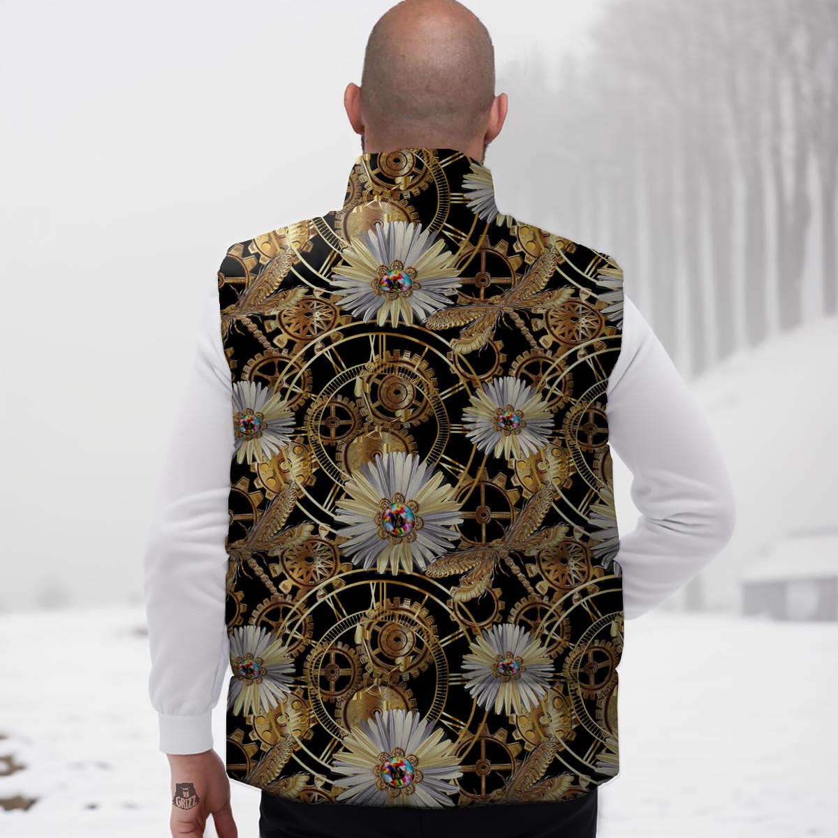Chamomile Steampunk Print Pattern Down Vest-grizzshop