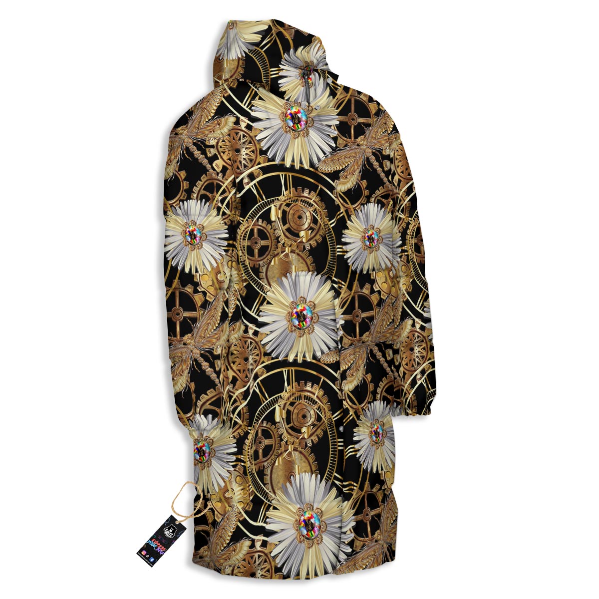 Chamomile Steampunk Print Pattern Long Down Jacket-grizzshop