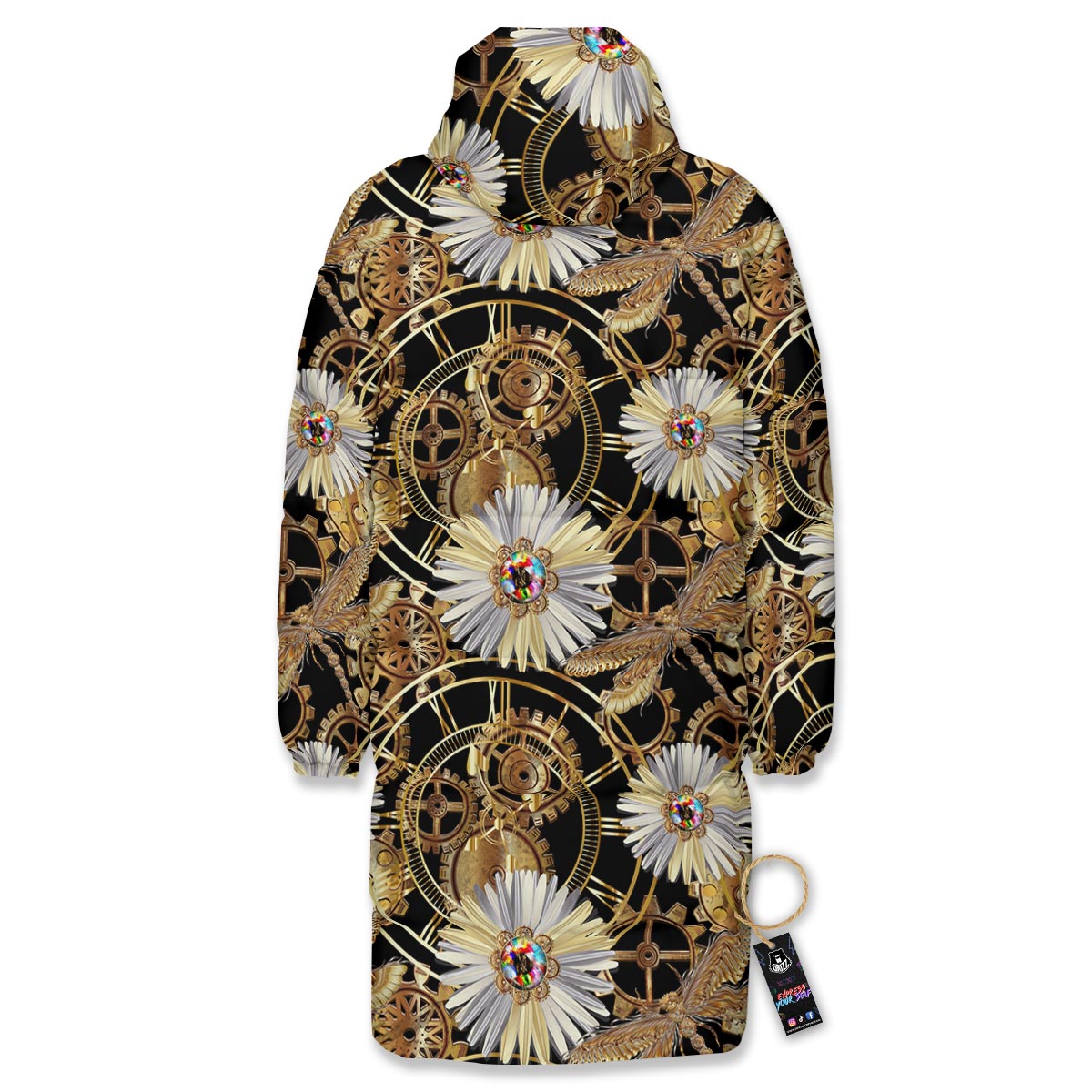 Chamomile Steampunk Print Pattern Long Down Jacket-grizzshop