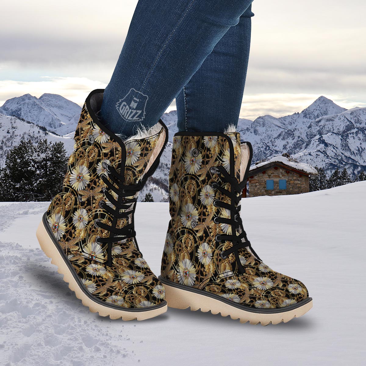 Chamomile Steampunk Print Pattern Snow Boots-grizzshop