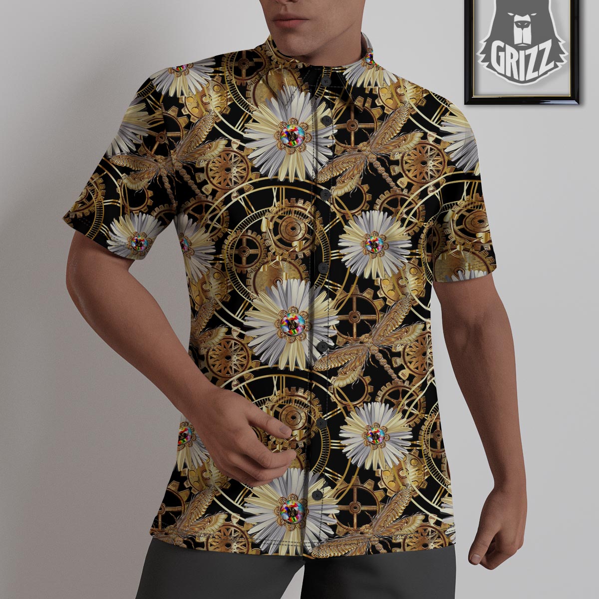 Chamomile Steampunk Print Pattern Untucked Shirts-grizzshop
