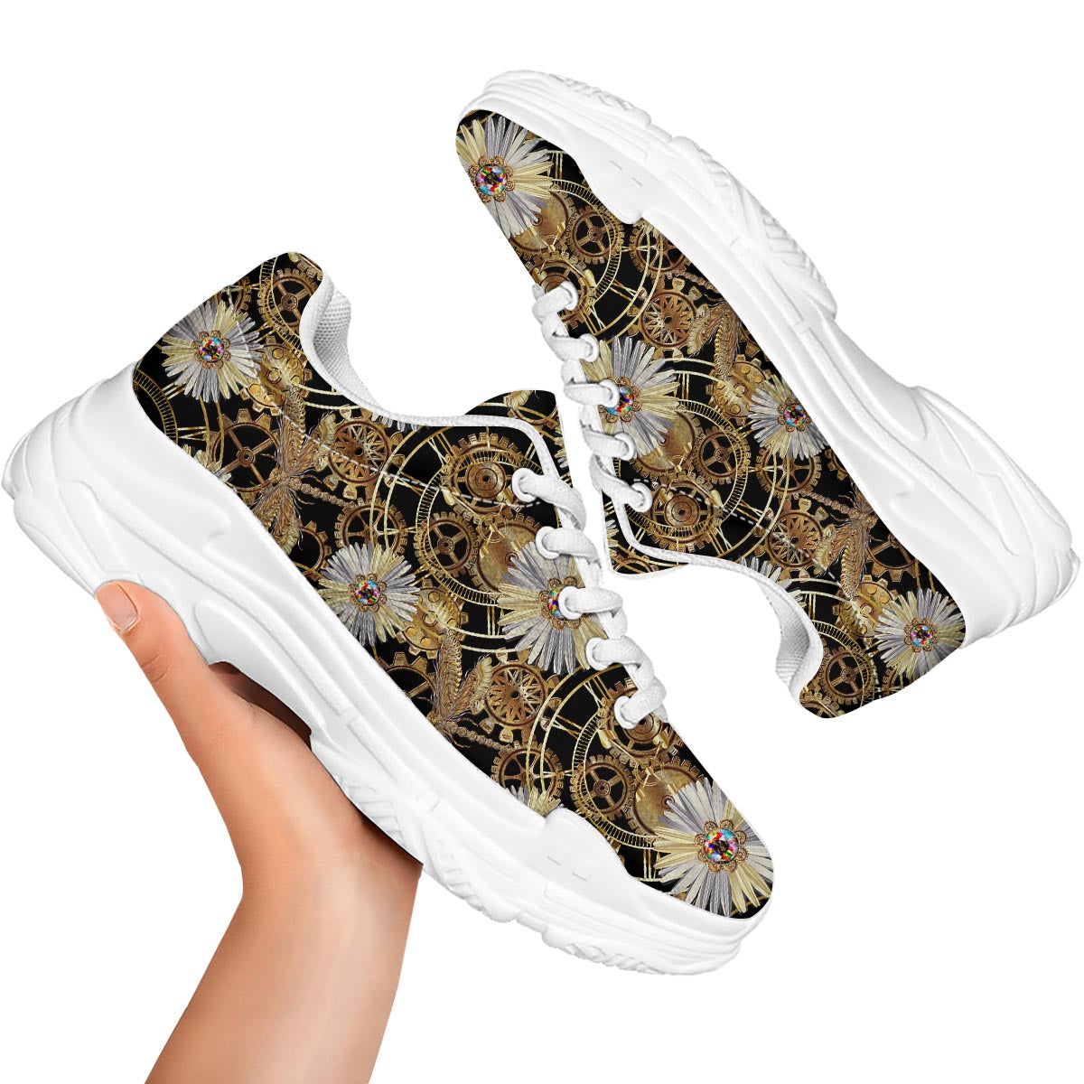 Chamomile Steampunk Print Pattern White Chunky Shoes-grizzshop