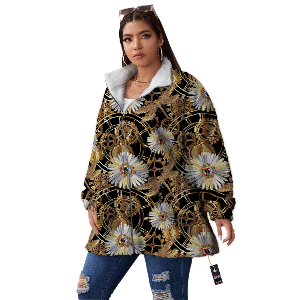 Chamomile Steampunk Print Pattern Women's Sherpa Jacket-grizzshop