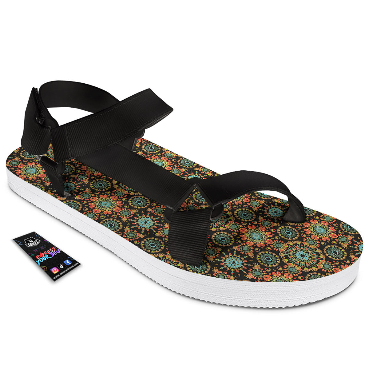 Chaotic Boho Print Pattern Black Open Toe Sandals-grizzshop
