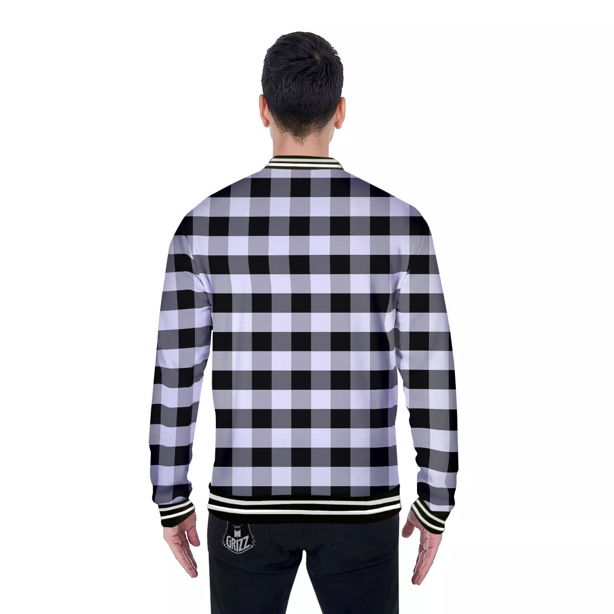 Check Black And Grey Print Pattern Baseball Jacket-grizzshop