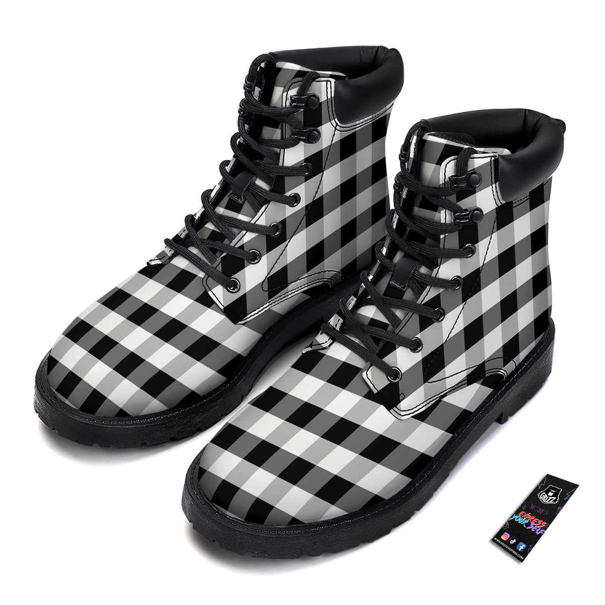 Check Black And Grey Print Pattern Boots-grizzshop