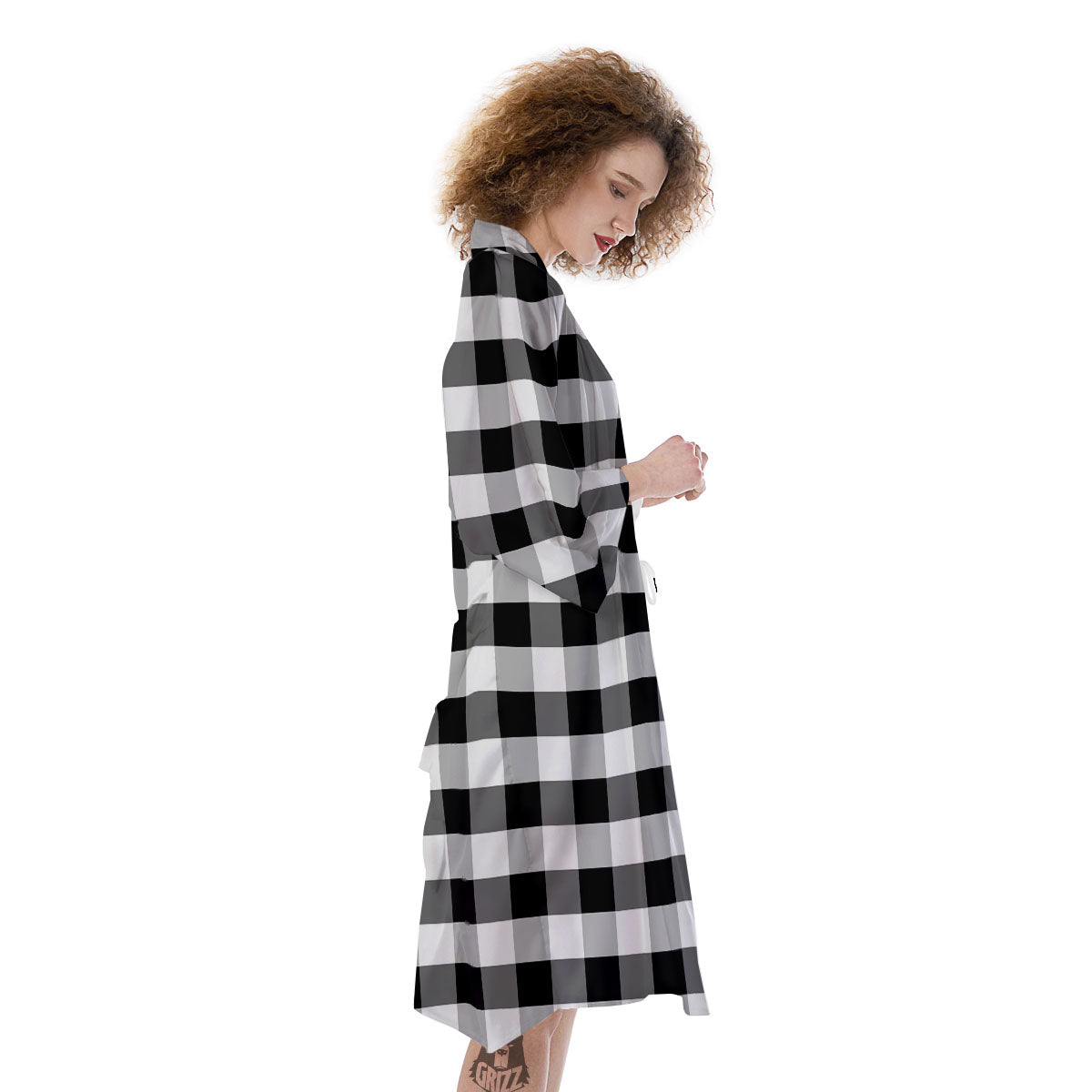 Check Black And Grey Print Pattern Kimono-grizzshop
