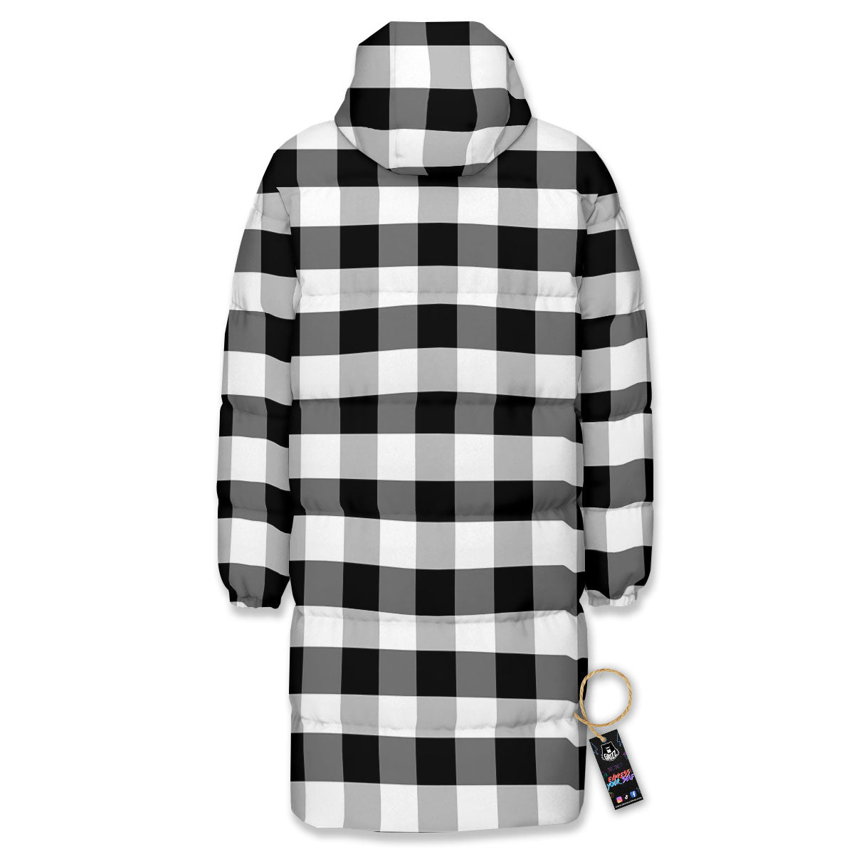 Check Black And Grey Print Pattern Long Down Jacket-grizzshop
