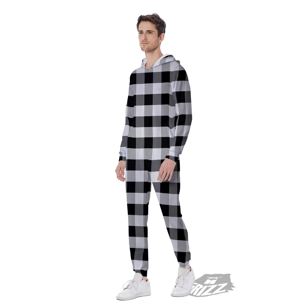 Check Black And Grey Print Pattern Men's Jumpsuit-grizzshop