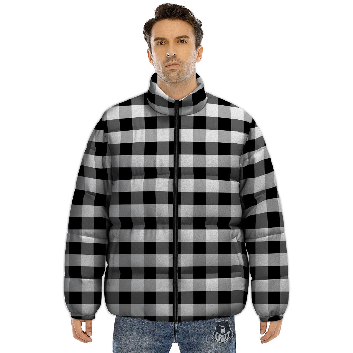 Check Black And Grey Print Pattern Puffer Jacket-grizzshop