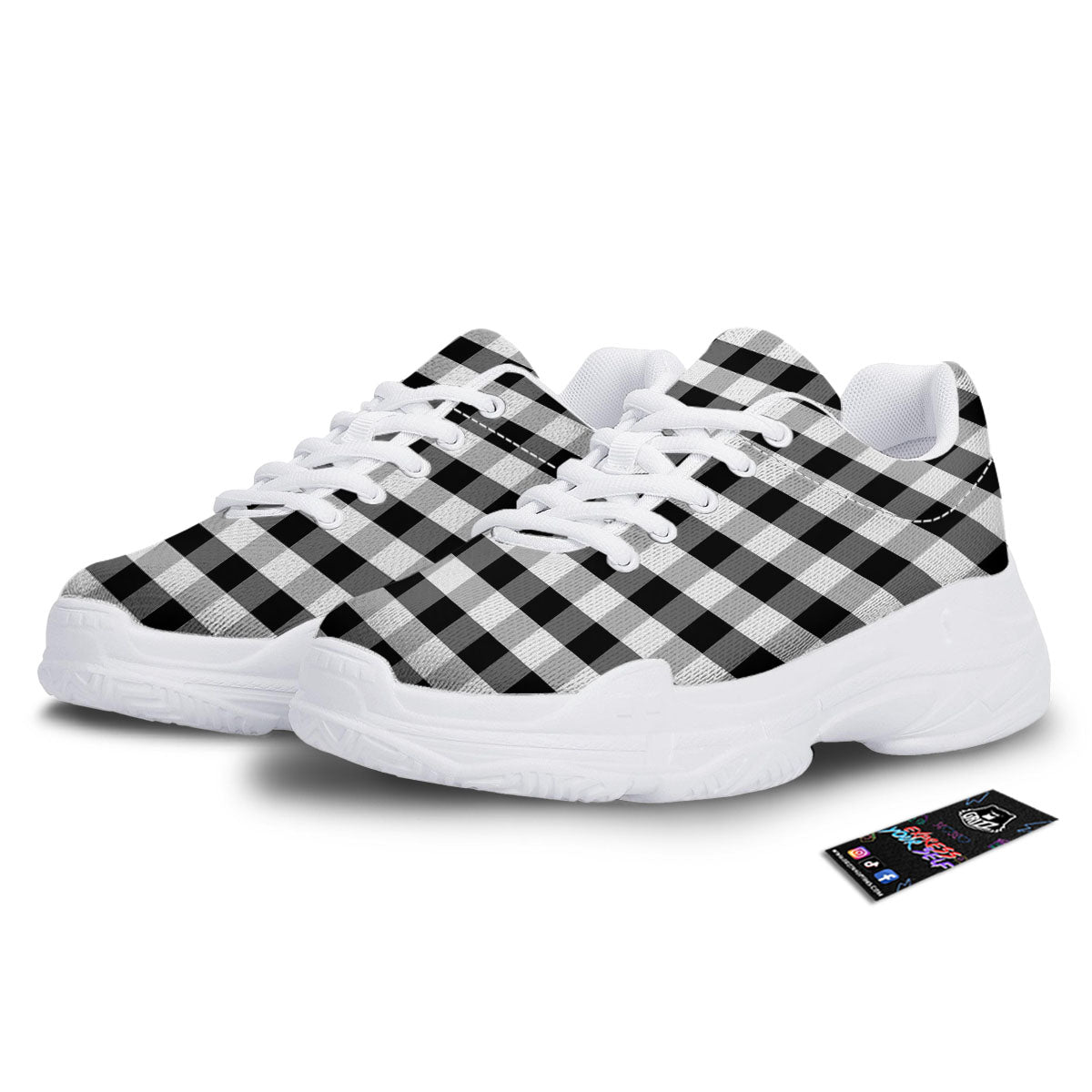 Check Black And Grey Print Pattern White Chunky Shoes-grizzshop