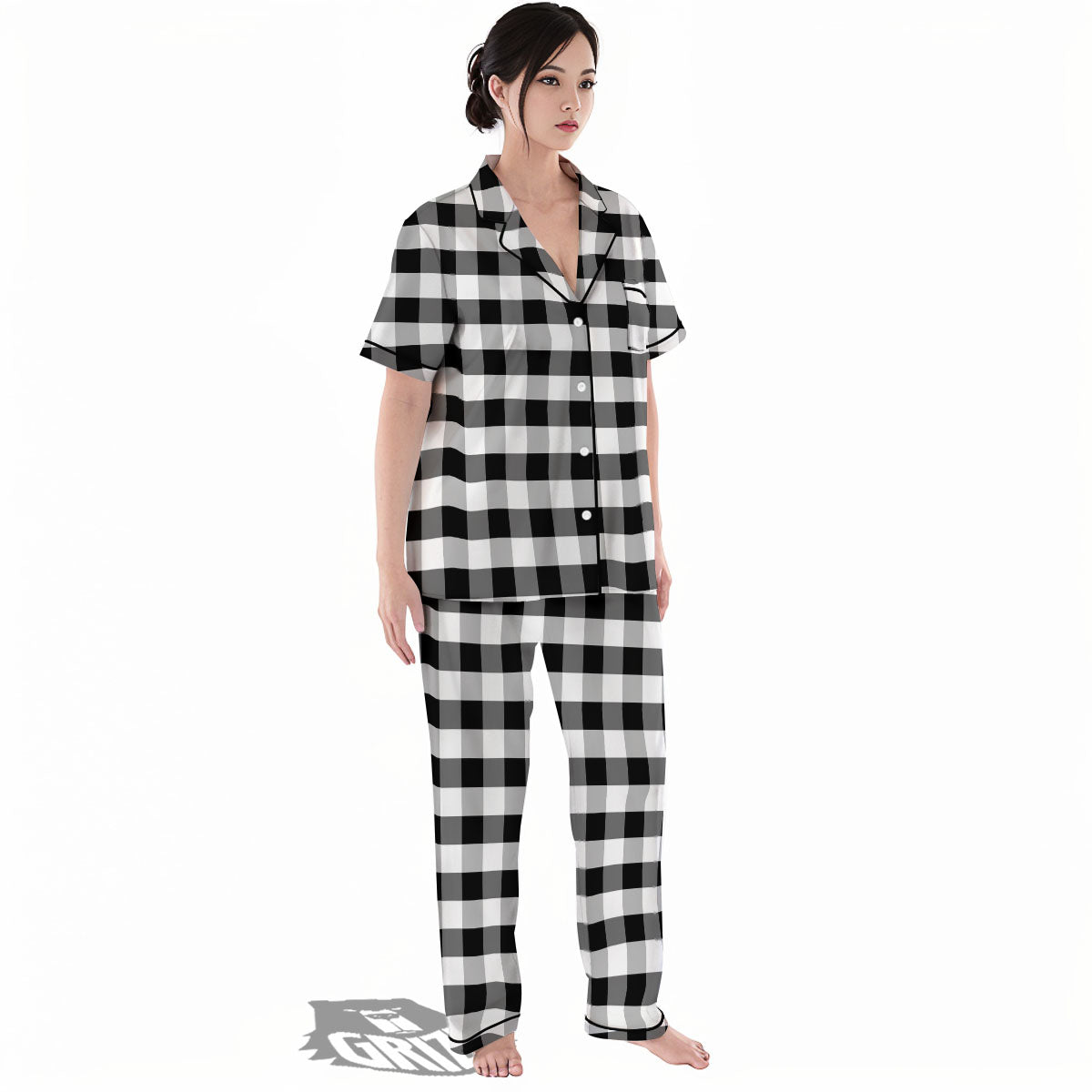 Check Black And Grey Print Pattern Women's Pajamas Set-grizzshop