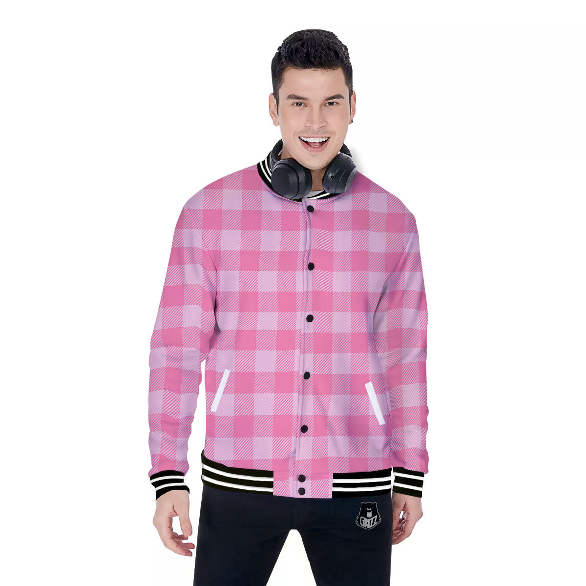 Check Pink Print Pattern Baseball Jacket-grizzshop