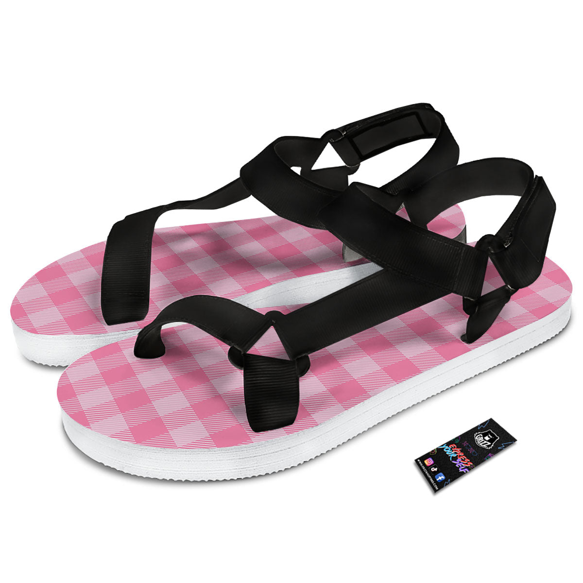 Check Pink Print Pattern Black Open Toe Sandals-grizzshop