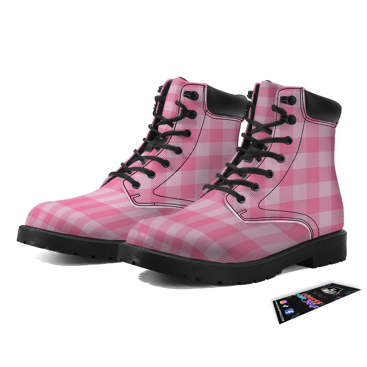 Check Pink Print Pattern Boots-grizzshop