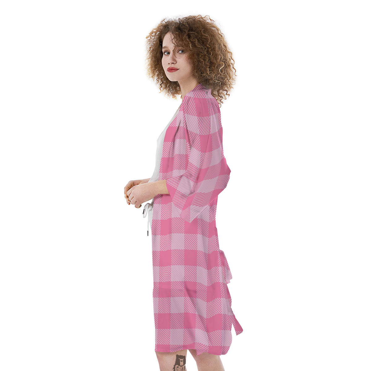 Check Pink Print Pattern Kimono-grizzshop